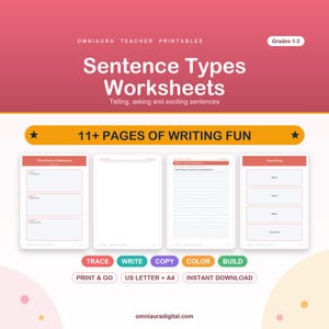 Peut inclure: Fiches d'exercices sur les types de phrases Omniaura Teacher Printables pour les niveaux 1 à 3. Cet ensemble comprend plus de 11 pages d'activités d'écriture sur les phrases déclaratives, interrogatives et exclamatives, incluant tracer, écrire, copier, colorier et construire.