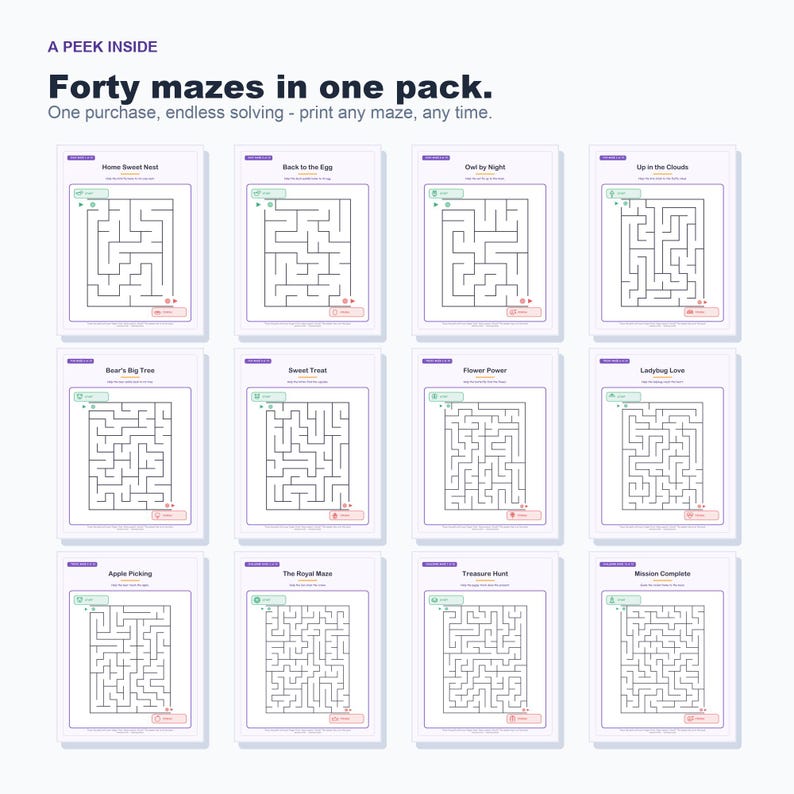 40 Printable Mazes for Kids, 4 Levels, Pencil Control Activity Pages (PDF) image 4