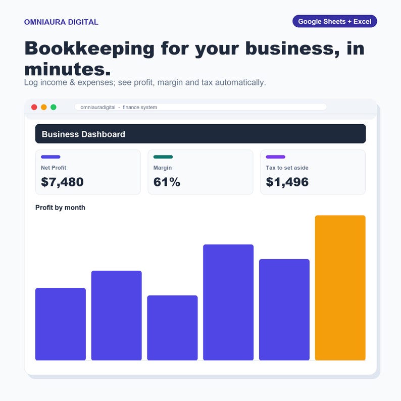 Small Business Bookkeeping Spreadsheet, Income Expense Profit Tracker (Google Sheets Excel) image 1