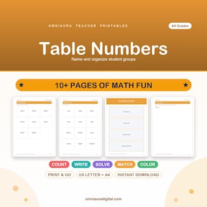 Può includere: Un set stampabile digitale intitolato Table Numbers di Omniaura Teacher Printables, con oltre 10 pagine di divertimento matematico. Il documento include pagine per gruppi di studenti, temi animali, promesse di classe e una chiave.