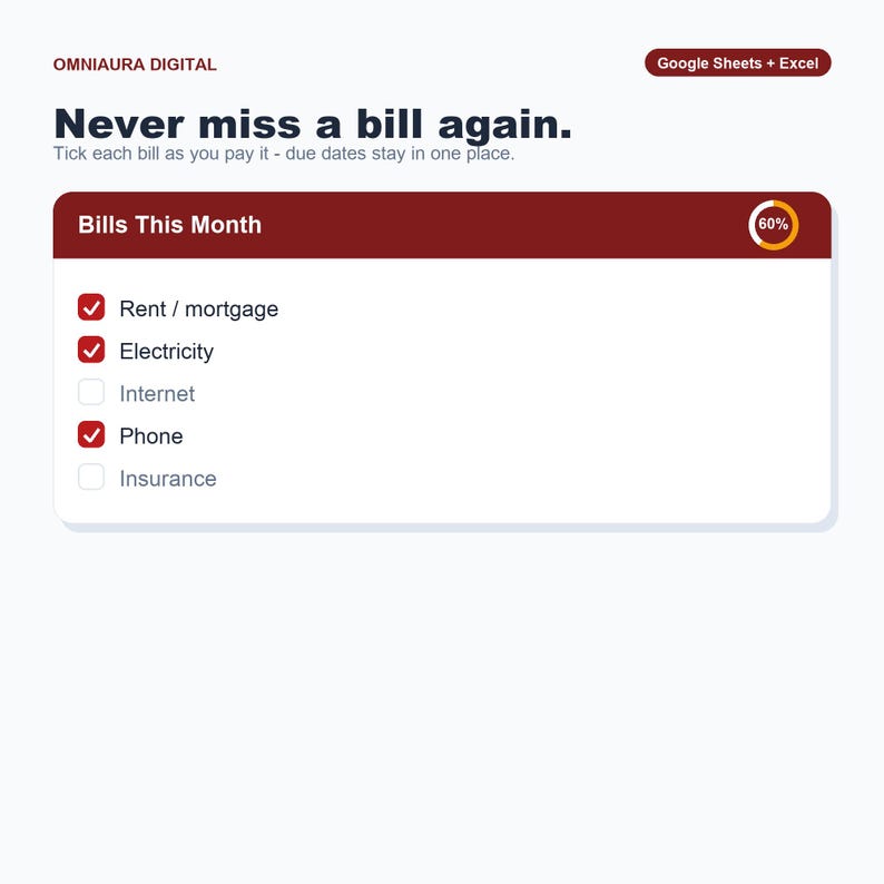 Bill Payment Tracker, Monthly Bills Organizer, Due Date Planner (Google Sheets, Excel) image 1
