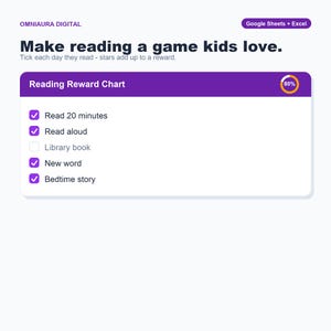 Kids Reading Reward Chart, Google Sheets Excel Tracker (Digital Download) image 1