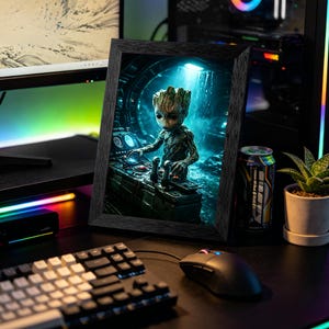May include: A rectangular black-framed wall art print featuring a detailed illustration of a small, tree-like creature with textured bark skin operating a complex control panel with glowing buttons and levers inside a dark, futuristic spaceship cabin.
