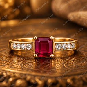 May include: A gold ring featuring a central square-cut deep red gemstone held by four prongs, flanked on each side by a row of three small round clear stones set into the polished gold band, creating a symmetrical and elegant design.