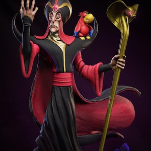 May include: A detailed 3D rendering of Jafar from Disney's Aladdin. Jafar is depicted in his signature black and red robes, holding a golden staff with a cobra head. A red parrot sits on his shoulder. The image has the text "Aladdin" and "Available on Patreon".