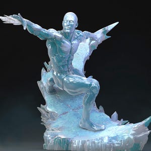 May include: A translucent blue ice sculpture of a muscular figure in a dynamic pose, with outstretched arms and a flowing ice formation behind. The sculpture is mounted on a base of jagged ice crystals, creating a dramatic effect against a dark background.