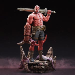May include: A red-skinned, muscular figure with horns, holding a large sword over his shoulder. He wears shorts, boots, and a belt with pouches. The figure stands on a rocky base with skulls and tentacles.