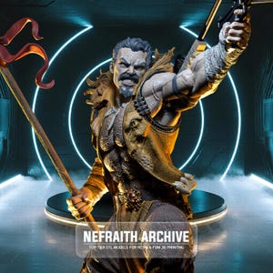 May include: A detailed figurine of a muscular, stern-faced character with a gray beard and hair, holding a staff and a weapon. The figure wears a detailed costume with gold and brown accents. The base of the figure has the text "NEFRAITH ARCHIVE".