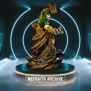 May include: A detailed resin statue of a muscular figure with green and tan skin, posed in a dynamic action stance. The figure is atop a textured, brown base with red and blue accents. The base has the text "NEFRAITH ARCHIVE" and "TOP TIER STL MODELS FOR RESIN & FDM 3D PRINTING".