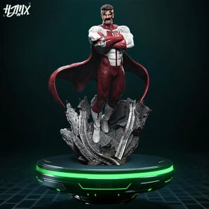 May include: A superhero figurine in a dynamic pose, clad in a red and white costume with a flowing cape. The figure stands atop a detailed, rocky base, illuminated by a glowing green platform. The figure has a mustache and a facial injury.