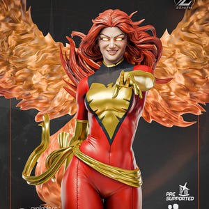 Jean Grey Phoenix Fanart STL Statue + Bust | 1/6 Scale | Winged Mutant with Flame Aura Base | 3D STL Print File Model Download