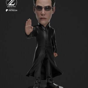 May include: A figurine of a man in a long black coat and sunglasses, with his hand raised in a stopping gesture. The figurine is on a black base with gold-colored details. The Zenith logo and "available on Patreon" text are in the upper left corner.