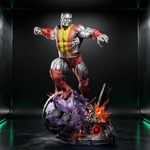 May include: A Colossus statue from the X-Men series. The figure is in a dynamic pose, clad in a red, yellow, and silver armored suit. The statue stands on a purple, spherical base with mechanical details and fiery accents, set against a dark background.