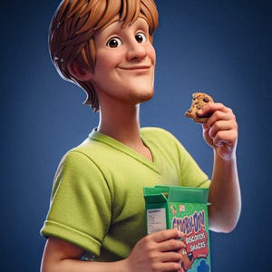May include: A 3D rendered image of Shaggy Rogers from Scooby-Doo, holding a box of Scooby-Doo snacks and a chocolate chip cookie. He wears a green v-neck shirt and has brown hair. The box reads "Scooby-Doo! Biscotos Snacks".