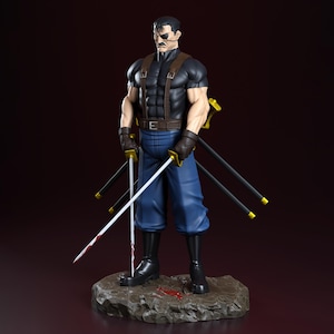 May include: A detailed figurine of a muscular character with a black eye patch and mustache, wearing a black shirt, blue pants, and black boots. The figure holds two swords, one with a bloodied blade, and has several sheathed swords behind him. The base is a rocky terrain.