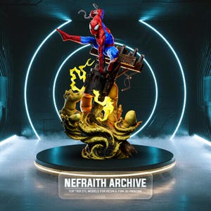 May include: A detailed resin statue of Spider-Man in a dynamic pose, clad in his signature red and blue suit. The figure is atop a complex, multi-layered base with yellow lightning effects and a tentacled monster. The base has the text "NEFRAITH ARCHIVE".