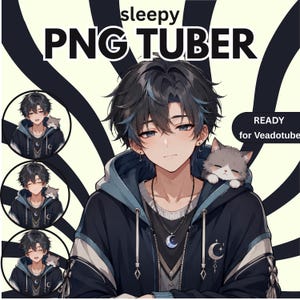 May include: A digital character illustration featuring a person with dark hair and blue highlights wearing a dark blue hoodie with a crescent moon emblem, accompanied by a small cat, labelled sleepy PNG TUBER and READY for Veadotube.