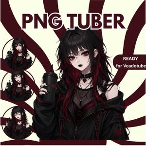 May include: A digital character illustration featuring a person with black hair with red highlights, wearing a black jacket over a mesh top, holding a black cup with a red heart icon. Text reads PNG TUBER and READY for Veadotube.