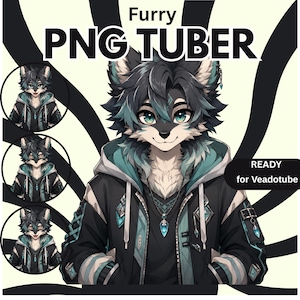 May include: A digital illustration of a furry character with dark teal and grey fur, wearing a black and teal hooded jacket with a blue crystal pendant necklace. The text reads Furry PNG TUBER and READY for Veadotube, with three circular inset expressions.