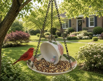 Teacup garden bird feeder vintage china repurposed, boho decor, shabby chic, hanging, chain