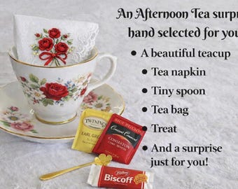 Mystery Teacup Box, Curated Tea Set, Napkin, Teas, Surprise Biscuits (Child Version Available)