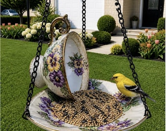 Vintage Teacup Bird Feeders - repurposed, garden decor, boho decor, shabby chic, hanging, chain