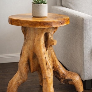 Rustic Solid Wood Stool for Living Room Patio Garden, Natural Edge Side Table