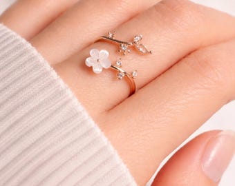 Sterling Silver Sakura Ring, Adjustable Floral Crystal Jewelry, Gift For Her