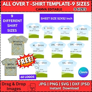 以下が含まれることがあります： 9つの異なるサイズ（XSから5XL）のTシャツテンプレートのグラフィック。サイズはインチで表示。テンプレートには60個のロゴが含まれており、Canvaで編集可能。JPG、PNG、SVG、DXF、PSD形式で即時ダウンロード可能。シートサイズは132 x 132 cmです。