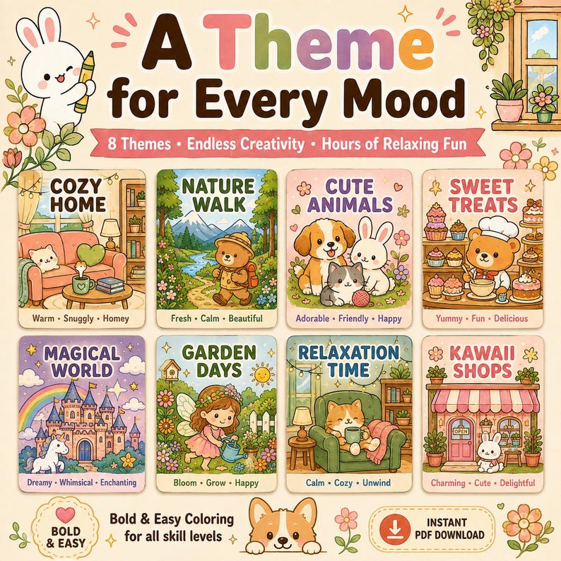 Puede incluir: Una portada de libro para colorear digital titulada A Theme for Every Mood que presenta ocho paneles ilustrados con temas como Cozy Home, Nature Walk, Cute Animals, Sweet Treats, Magical World, Garden Days, Relaxation Time y Kawaii Shops.