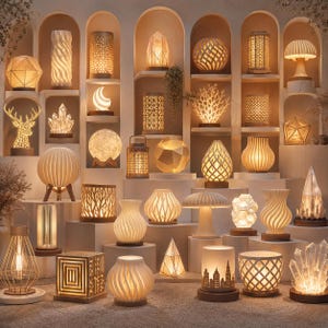 Puede incluir: Una colecci&oacute;n de l&aacute;mparas decorativas de diversas formas, incluyendo dise&ntilde;os geom&eacute;tricos, esf&eacute;ricos y cil&iacute;ndricos. Las l&aacute;mparas est&aacute;n hechas de materiales como cer&aacute;mica y metal, y emiten un brillo c&aacute;lido y acogedor. Las l&aacute;mparas se exhiben en estantes y plataformas.