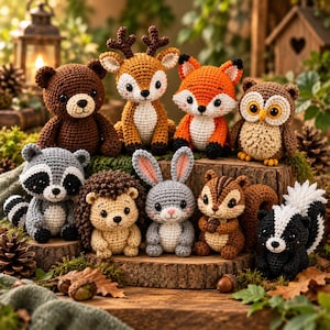 May include: A collection of nine small crochet woodland animals including a brown bear, a deer with antlers, an orange fox, an owl, a gray raccoon, a hedgehog, a rabbit, a chipmunk, and a black and white skunk, all arranged on wood logs.