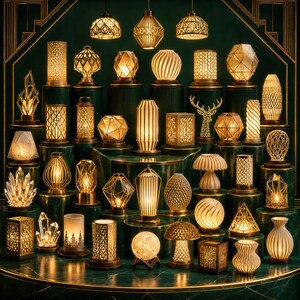 Puede incluir: Una colecci&oacute;n de l&aacute;mparas decorativas de diversas formas y tama&ntilde;os, incluyendo l&aacute;mparas colgantes y de mesa. Las l&aacute;mparas presentan intrincados patrones geom&eacute;tricos y una iluminaci&oacute;n c&aacute;lida. La paleta de colores incluye tonos dorados, lat&oacute;n y crema, sobre un fondo verde oscuro.