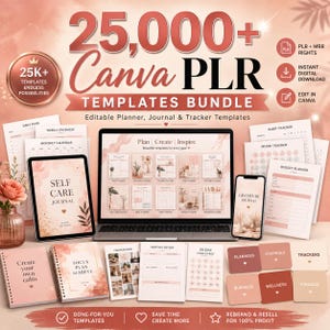 Könnte beinhalten: Ein digitales Paket mit über 25.000 Canva PLR-Vorlagen, darunter bearbeitbare Planer, Journale und Tracker. Die Darstellung umfasst einen Laptop, ein Tablet und ein Smartphone mit Vorlagendesigns in sanften Rosa- und Weißtönen.