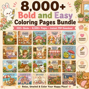 May include: A digital bundle of 8,000+ bold and easy colouring pages featuring 200+ books. The graphic displays a grid of twenty colourful illustrations including animals, nature, and cosy scenes, with text labels like Cozy Corner and Sweet Bakery.