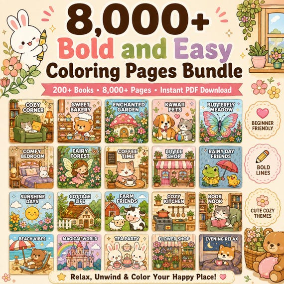 8,000+ Bold and Easy Coloring Pages Bundle | Kawaii Cozy Coloring Book PDF | Printable Coloring Pages Adults Kids | Instant Digital Download