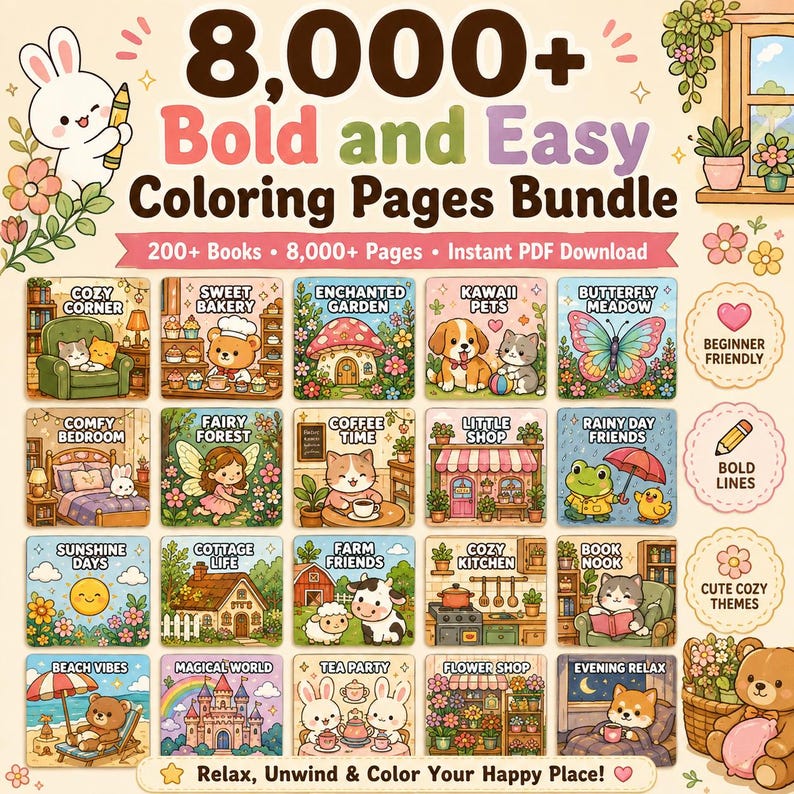 Puede incluir: Un paquete digital de m&aacute;s de 8,000 p&aacute;ginas para colorear con l&iacute;neas gruesas y dise&ntilde;os sencillos, que incluye m&aacute;s de 200 libros. La imagen muestra una cuadr&iacute;cula de veinte ilustraciones coloridas con animales, naturaleza y escenas acogedoras.