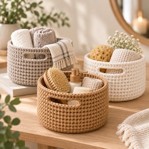 May include: Three round, hand-crocheted storage baskets with integrated handles. One basket is beige, one is cream, and one is white. They contain various bathroom items including rolled towels, a wooden bath brush, soap, and a small floral arrangement.