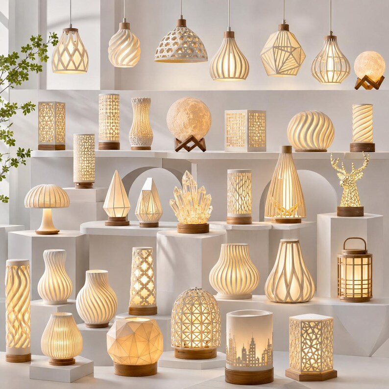 Puede incluir: Una colecci&oacute;n de l&aacute;mparas decorativas de varias formas y tama&ntilde;os, incluyendo colgantes, l&aacute;mparas de mesa y faroles. Las l&aacute;mparas son blancas o crema, con intrincados dise&ntilde;os calados y bases de madera. Algunas tienen una luz c&aacute;lida y brillante.