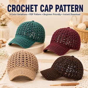 Puede incluir: Cuatro gorras de ganchillo en verde oscuro, burdeos, beige y marrón oscuro. El texto dice CROCHET CAP PATTERN, 4 Color Variations, PDF Pattern, Beginner Friendly, Instant Download. Un ganchillo de madera está en primer plano.