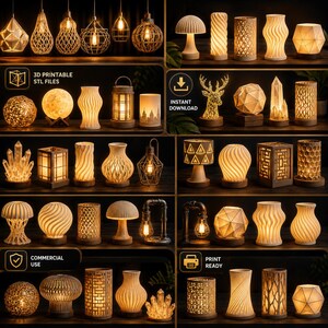Puede incluir: Una colecci&oacute;n de varias l&aacute;mparas y luminarias, que incluyen luces colgantes, l&aacute;mparas de mesa y luces decorativas. Las l&aacute;mparas presentan diversos dise&ntilde;os, materiales y formas, con algunos que muestran patrones y texturas intrincados. La imagen incluye el texto "3D PRINTABLE STL FILES", "INSTANT DOWNLOAD", "COMMERCIAL USE" y "PRINT READY".