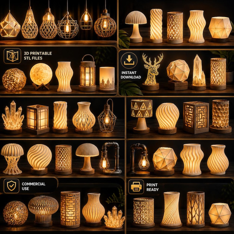 Puede incluir: Una colecci&oacute;n de varias l&aacute;mparas y luminarias, que incluyen luces colgantes, l&aacute;mparas de mesa y luces decorativas. Las l&aacute;mparas presentan diversos dise&ntilde;os, materiales y formas, con algunos que muestran patrones y texturas intrincados. La imagen incluye el texto "3D PRINTABLE STL FILES", "INSTANT DOWNLOAD", "COMMERCIAL USE" y "PRINT READY".