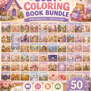 May include: A digital coloring book bundle featuring the text Cozy Coloring Book Bundle, 50 Bestselling Books, 2000 Cozy Pages, and 50 Books. The image displays a grid of 50 individual book covers with pastel illustrations and an open book.