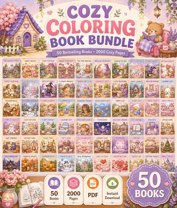 Cozy Coloring Book Bundle | 2000+ Printable Coloring Pages | Adult Coloring Pages PDF | Instant Digital Download