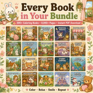 Puede incluir: Un gr&aacute;fico digital titulado Every Book in Your Bundle que presenta m&aacute;s de 200 libros para colorear y 8,000 p&aacute;ginas. La imagen muestra una cuadr&iacute;cula de 20 ilustraciones cuadradas con animales y escenas, rodeadas de flores y un oso.