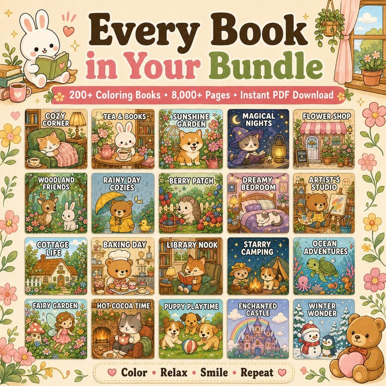 Puede incluir: Un gr&aacute;fico digital titulado Every Book in Your Bundle que presenta m&aacute;s de 200 libros para colorear y 8,000 p&aacute;ginas. La imagen muestra una cuadr&iacute;cula de 20 ilustraciones cuadradas con animales y escenas, rodeadas de flores y un oso.