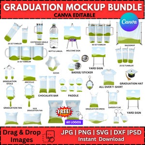 May include: A graduation mockup bundle with various items, including tumblers, signs, a backdrop, and apparel. The image features a variety of templates for creating graduation-themed designs. Includes 20 oz and 40 oz tumblers, a graduation hat, and a graduation dress.