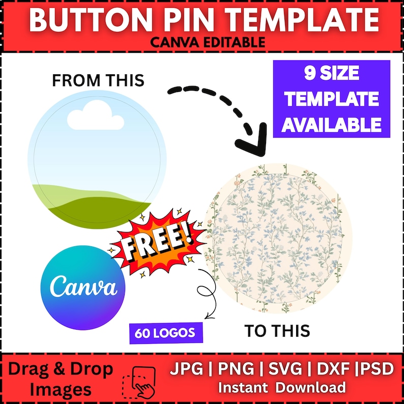 9x Button Pin Template Bundle | Editable Canva Frames | Blank Pinback ...