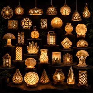 Puede incluir: Una colecci&oacute;n de l&aacute;mparas y faroles decorativos variados, que muestran diversos dise&ntilde;os y formas. Las l&aacute;mparas emiten una luz c&aacute;lida, con patrones geom&eacute;tricos, florales y abstractos. Algunas son colgantes, mientras que otras son modelos de mesa, creando un ambiente acogedor.