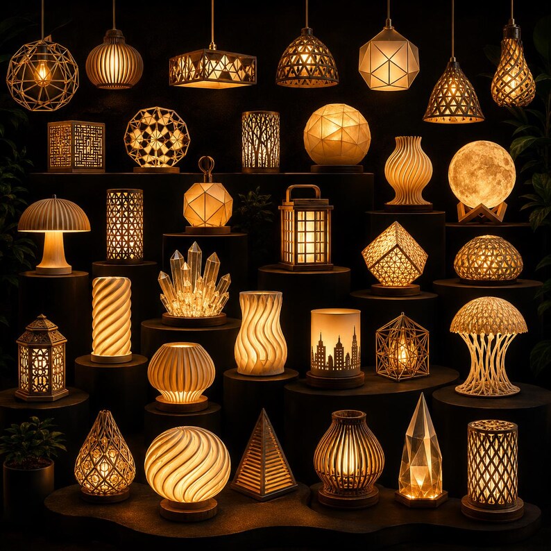 Puede incluir: Una colecci&oacute;n de l&aacute;mparas y faroles decorativos variados, que muestran diversos dise&ntilde;os y formas. Las l&aacute;mparas emiten una luz c&aacute;lida, con patrones geom&eacute;tricos, florales y abstractos. Algunas son colgantes, mientras que otras son modelos de mesa, creando un ambiente acogedor.